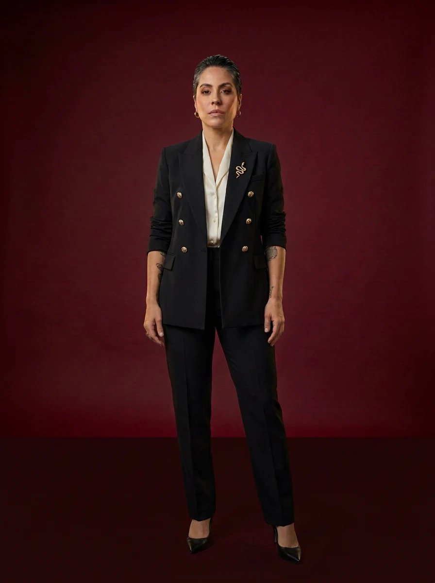 Aliny Simões de terno preto e camisa off-white com broche de serpente dourada